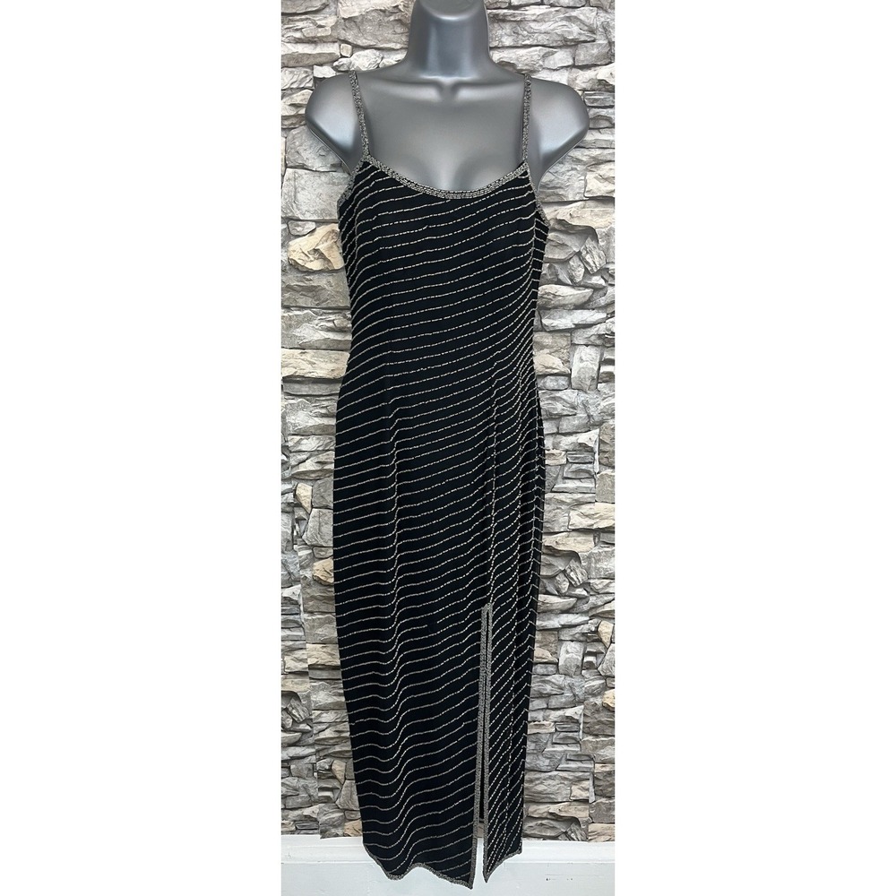 Y2K Cashe Black Silk Silver Beaded Gown Formal S Sz 4